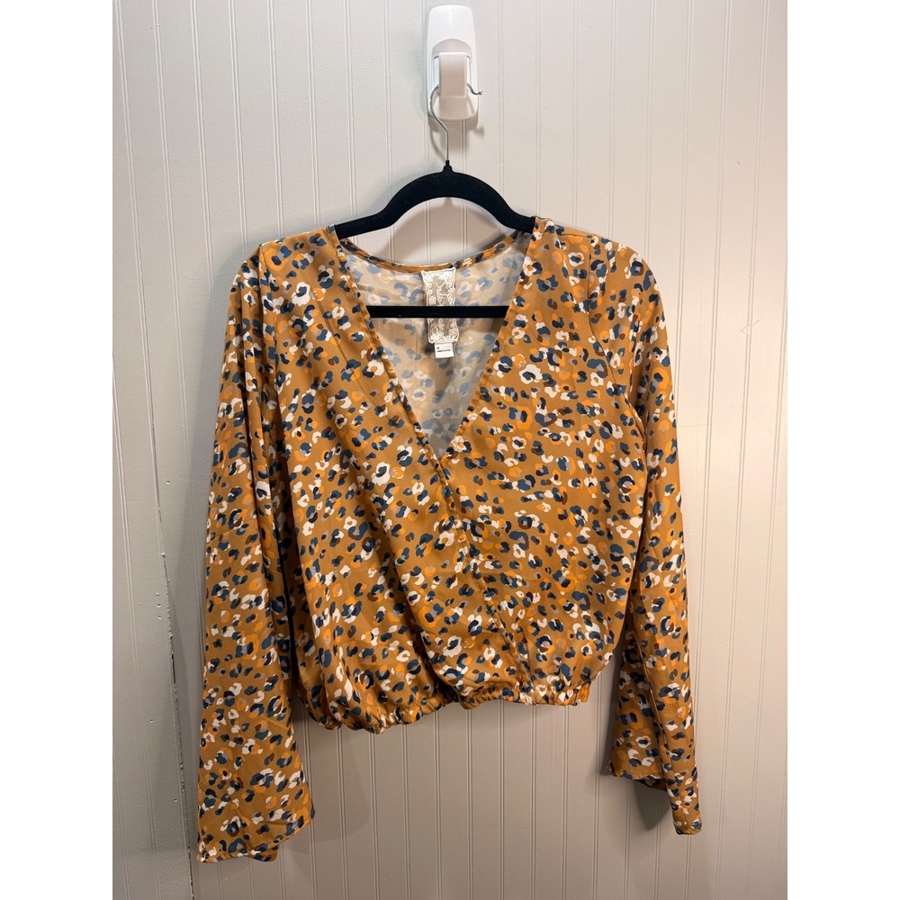 Sadie & Sage Mustard Yellow Abstract Leopard Print Wrap Blouse Long Sleeve Crop